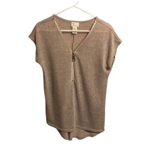 SALE Andrea Jovine Neutral Half Zip V Neck Knit Top Coastal Casual Minimalist M